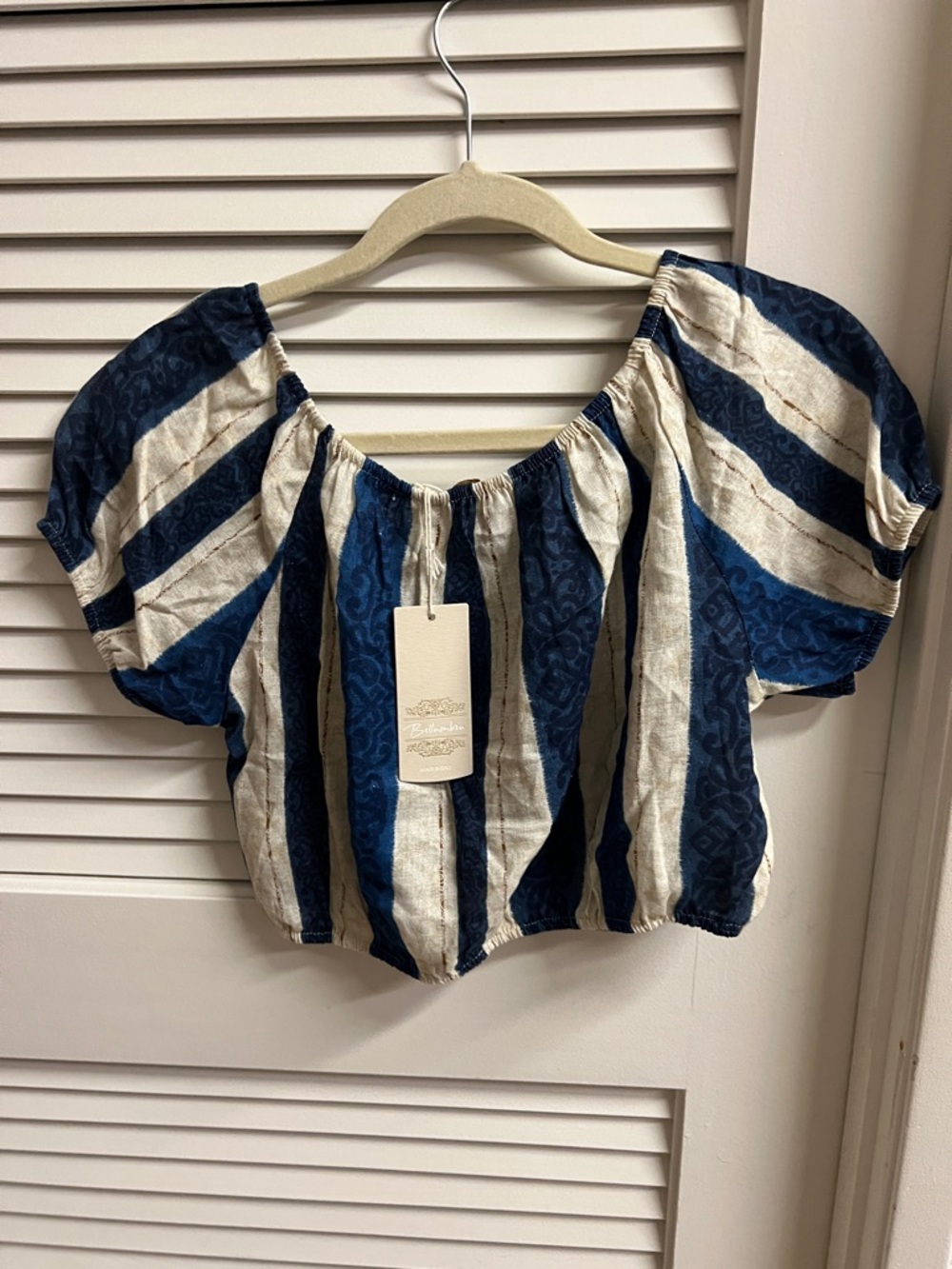 NWT, Bellambra, Striped Blue & Cream Peasant Crop Top size S, made in Italy - Picture 3 of 6